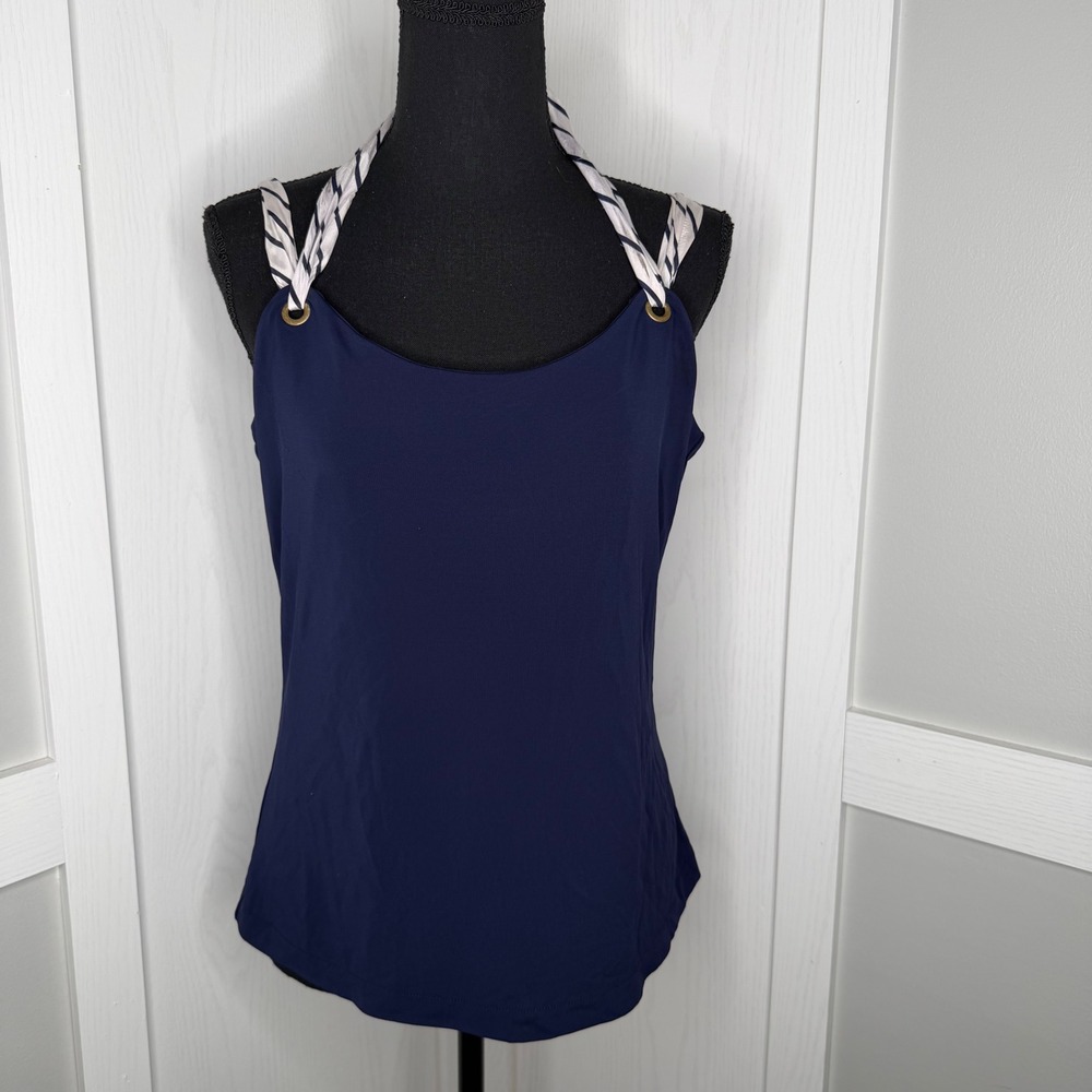Boston Proper Swimsuit Top Womens Size M Navy Blue Halter Striped Strap Stretch